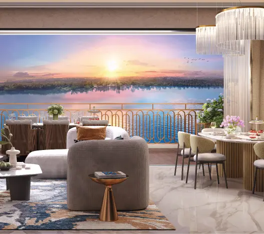 Lodha Elanza — Living room with sunset lake view